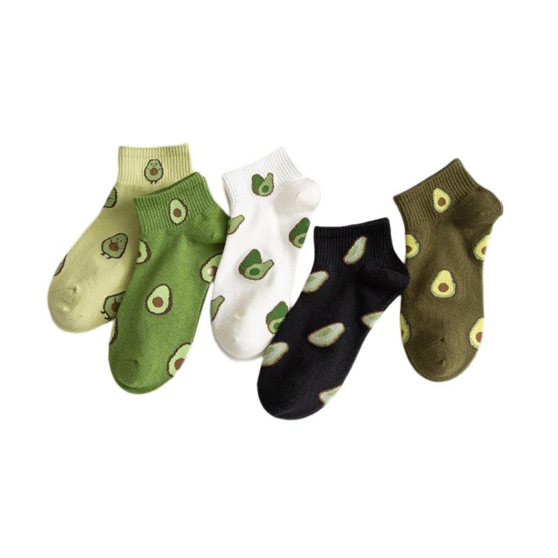 Anyfootwear 5 Pairs One Size 5-9 Random Spring Summer Cotton Avocado Breathable School Girl For Female Ankle Socks