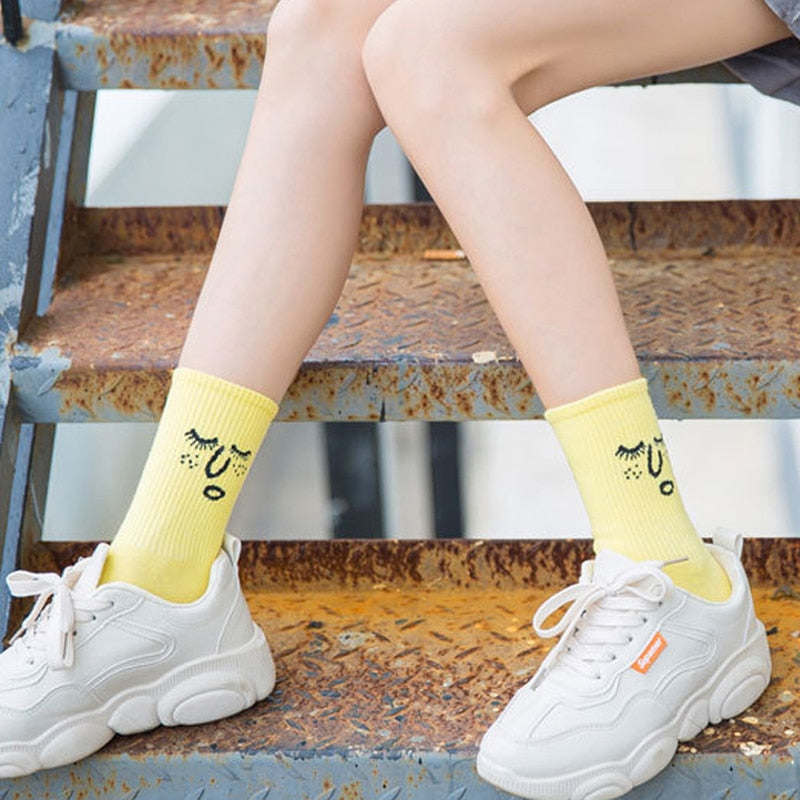 Anyfootwear 5 Pairs One Size 5-9 Milk White Unisex Wacky Expressions Trend Surprise Socks With Candy Colors Funny, Kawaii, Happy Girls Socks For Women