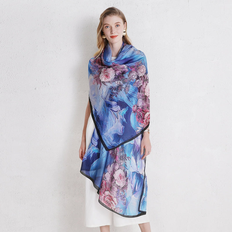 Anyyou 100% Mulberry Silk Light Blue Long Scarf Luxury Brand Women Beach Shawl Wear Swimwear Pashimina Face Shield Foulard