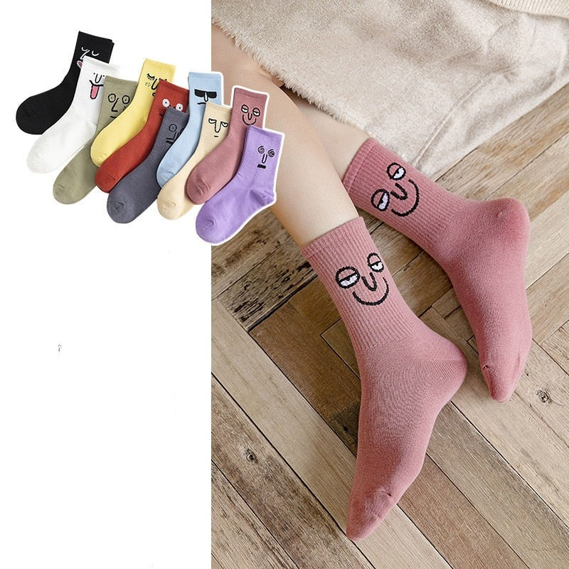 Anyfootwear 5 Pairs One Size 5-9 Purple Unisex Wacky Expressions Style Trend Surprise Socks With Candy Colors Funny, Kawaii, Happy Girls Socks For Women