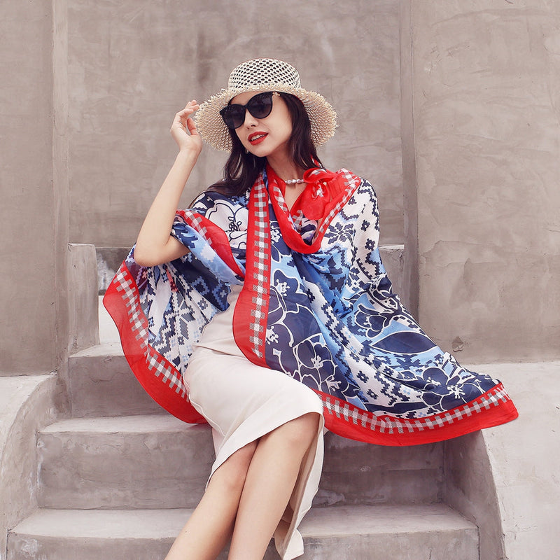 Anyyou 100% Mulberry Silk Dark Blue Long Scarf Luxury Brand Women Beach Shawl Wear Swimwear Pashimina Face Shield Foulard