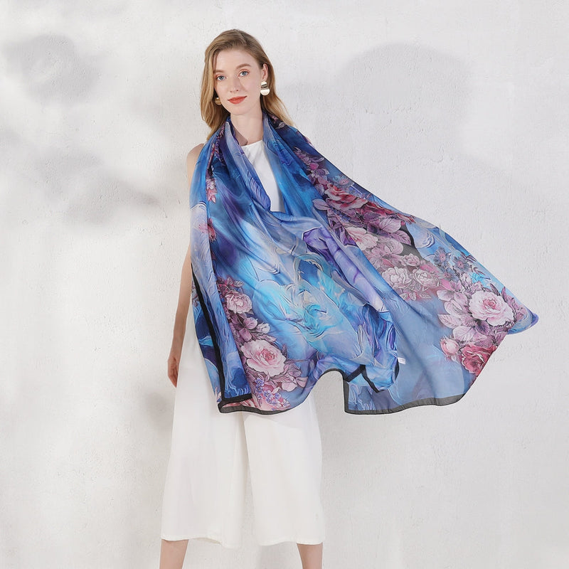 Anyyou 100% Mulberry Silk Light Blue Long Scarf Luxury Brand Women Beach Shawl Wear Swimwear Pashimina Face Shield Foulard