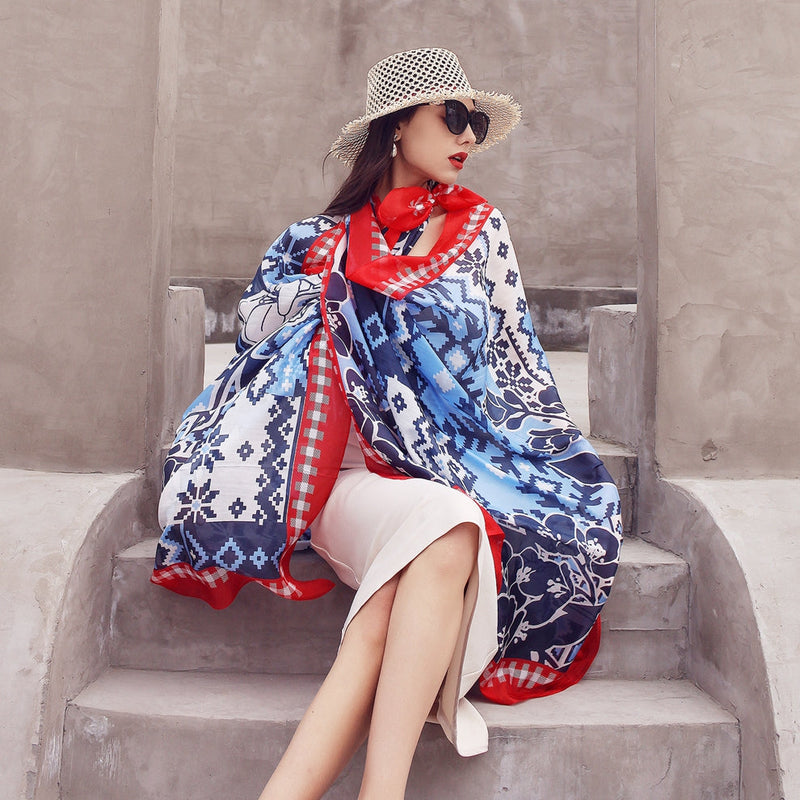 Anyyou 100% Mulberry Silk Dark Blue Long Scarf Luxury Brand Women Beach Shawl Wear Swimwear Pashimina Face Shield Foulard