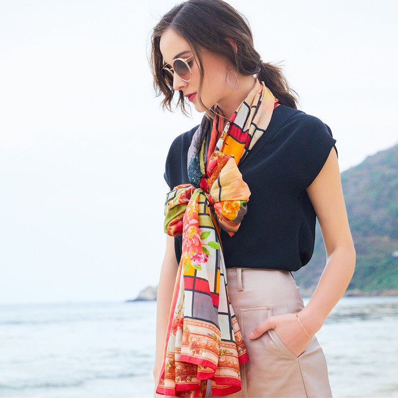 Anyyou 100% Mulberry Silk Orange Long Scarf Luxury Brand Women Beach Shawl Wear Swimwear Pashimina Face Shield Foulard