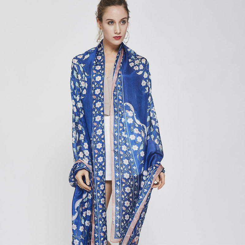 Anyyou 100% Mulberry Silk Ocean Blue Long Scarf Luxury Brand Women Beach Shawl Wear Swimwear Pashimina Face Shield Foulard