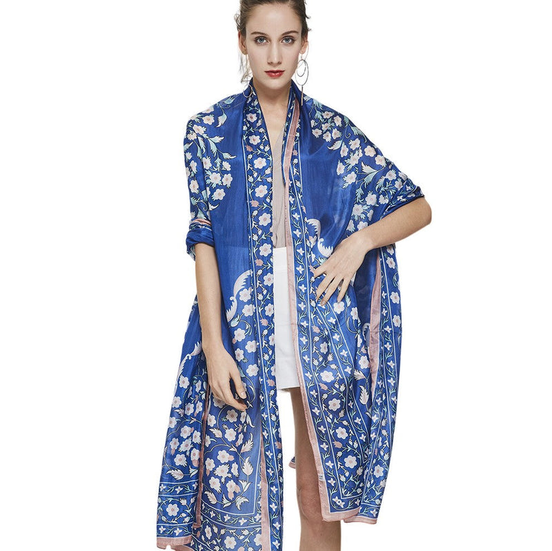 Anyyou 100% Mulberry Silk Ocean Blue Long Scarf Luxury Brand Women Beach Shawl Wear Swimwear Pashimina Face Shield Foulard