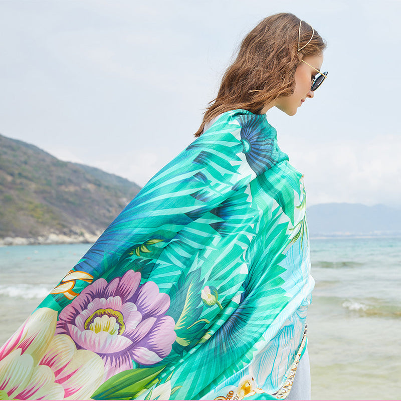 Anyyou 100% Mulberry Silk Vivid Green Long Scarf Luxury Brand Women Beach Shawl Wear Swimwear Pashimina Face Shield Foulard