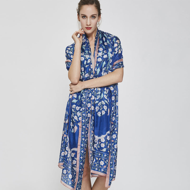 Anyyou 100% Mulberry Silk Ocean Blue Long Scarf Luxury Brand Women Beach Shawl Wear Swimwear Pashimina Face Shield Foulard