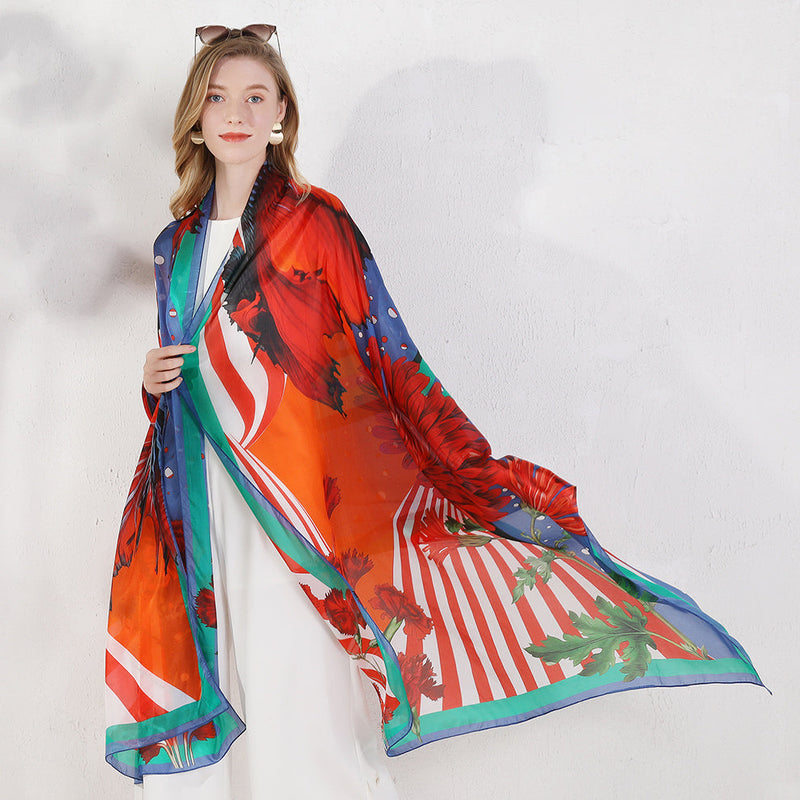 Anyyou 100% Mulberry Silk Red Long Scarf Luxury Brand Women Beach Shawl Wear Swimwear Pashimina Face Shield Foulard