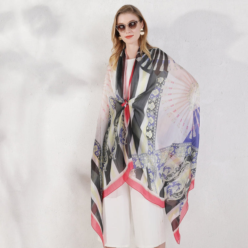 Anyyou 100% Mulberry Silk Off White Long Scarf Luxury Brand Women Beach Shawl Wear Swimwear Pashimina Face Shield Foulard