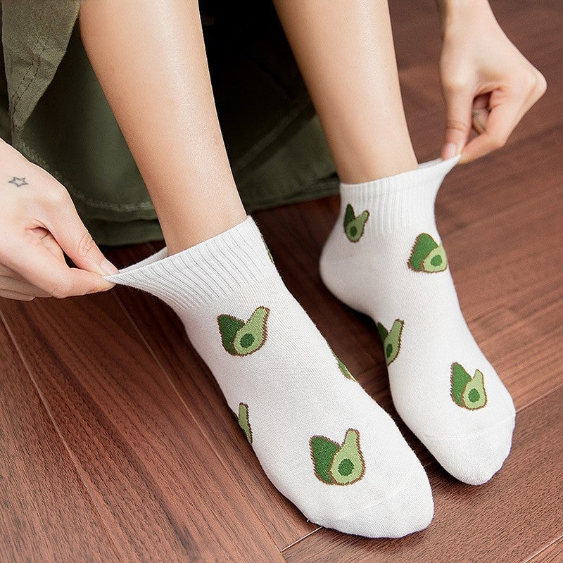 Anyfootwear 5 Pairs One Size 5-9 Green Spring Summer Cotton Avocado Breathable School Girl For Female Ankle Socks
