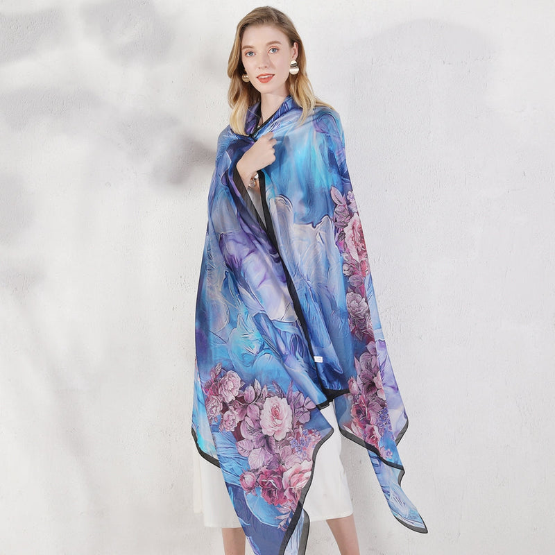 Anyyou 100% Mulberry Silk Light Blue Long Scarf Luxury Brand Women Beach Shawl Wear Swimwear Pashimina Face Shield Foulard