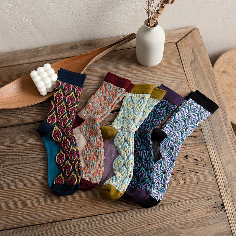 Anyfootwear 5 Pairs Size 5-9 Multicolor Abstract Long Socks Retor Luxury Autumn Winter Peacock Feather Pattern Style With Soken Chaussette Femme