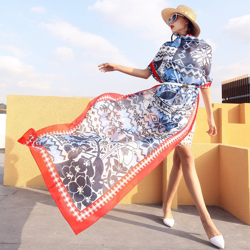 Anyyou 100% Mulberry Silk Dark Blue Long Scarf Luxury Brand Women Beach Shawl Wear Swimwear Pashimina Face Shield Foulard