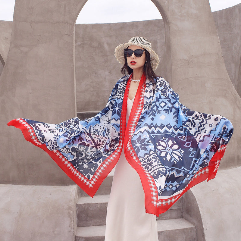 Anyyou 100% Mulberry Silk Dark Blue Long Scarf Luxury Brand Women Beach Shawl Wear Swimwear Pashimina Face Shield Foulard