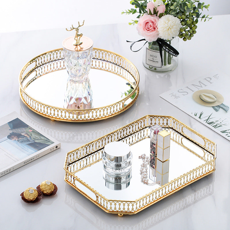 ANYHOUZ 35cm Gold Rectangle Glass Mirror Base Metal Vanity Food Serving Organisr Jewelry Cosmetics Storage Tray with Handle