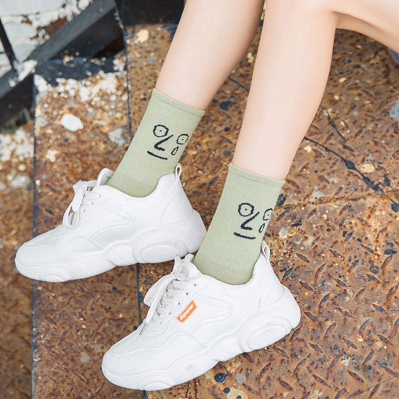 Anyfootwear 5 Pairs One Size 5-9 White Unisex Wacky Expressions Style Trend Surprise Socks With Candy Colors Funny, Kawaii, Happy Girls Socks For Women