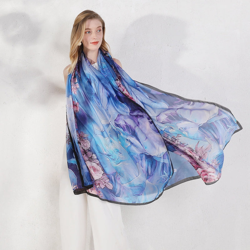 Anyyou 100% Mulberry Silk Light Blue Long Scarf Luxury Brand Women Beach Shawl Wear Swimwear Pashimina Face Shield Foulard