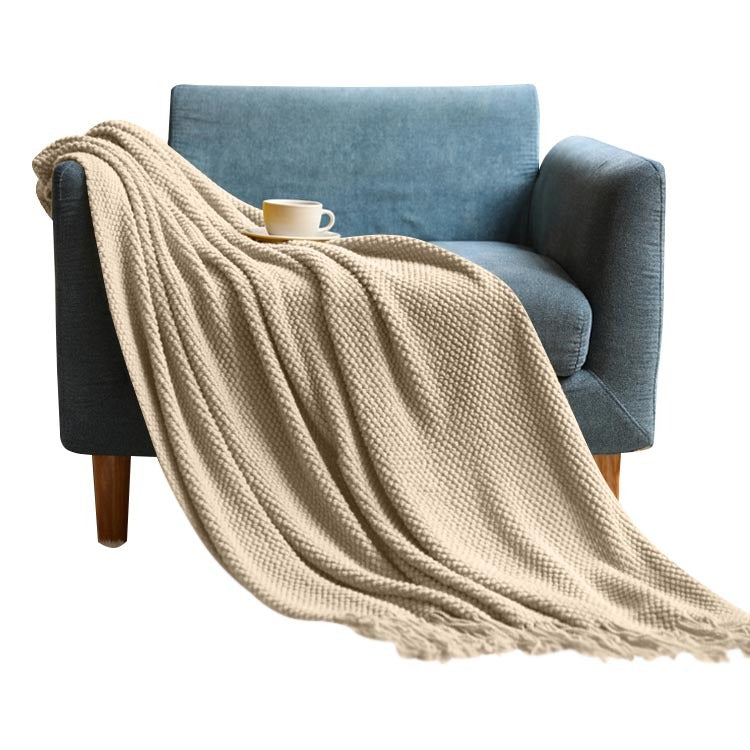 Anycozy Khaki Knitted Waffle Throw Blanket Tassel 130x230cm