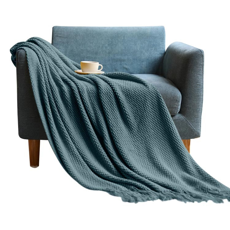 Anycozy Morandi Blue Knitted Waffle Throw Blanket Tassel 130x230cm