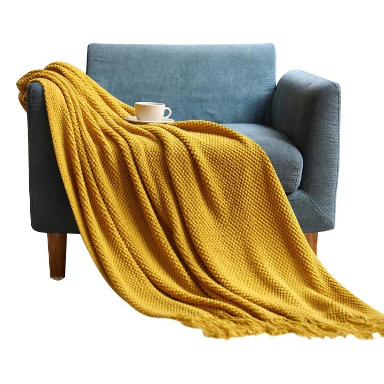 Anycozy Yellow Knitted Waffle Throw Blanket Tassel 127x172cm