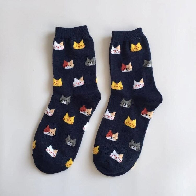 Anyfootwear 5 Pairs Navy Blue Cat Size 5-9 Fashion Socks High Quality Office Sports Bussiness Long Socks Cotton Solid Colors Skateboard Knitted Casual