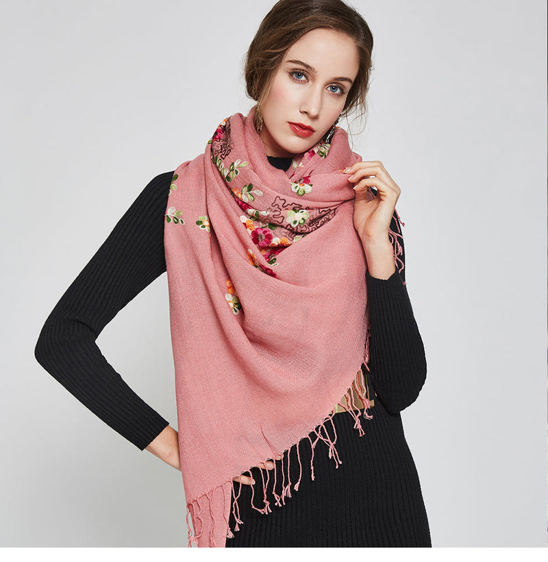 Anyyou 100% Pure Merino Wool Pink Floral Garden Stylish Poncho Winter Large Scarf With Trendy Pashmina Shawl Bandana  For Womenfashion Design