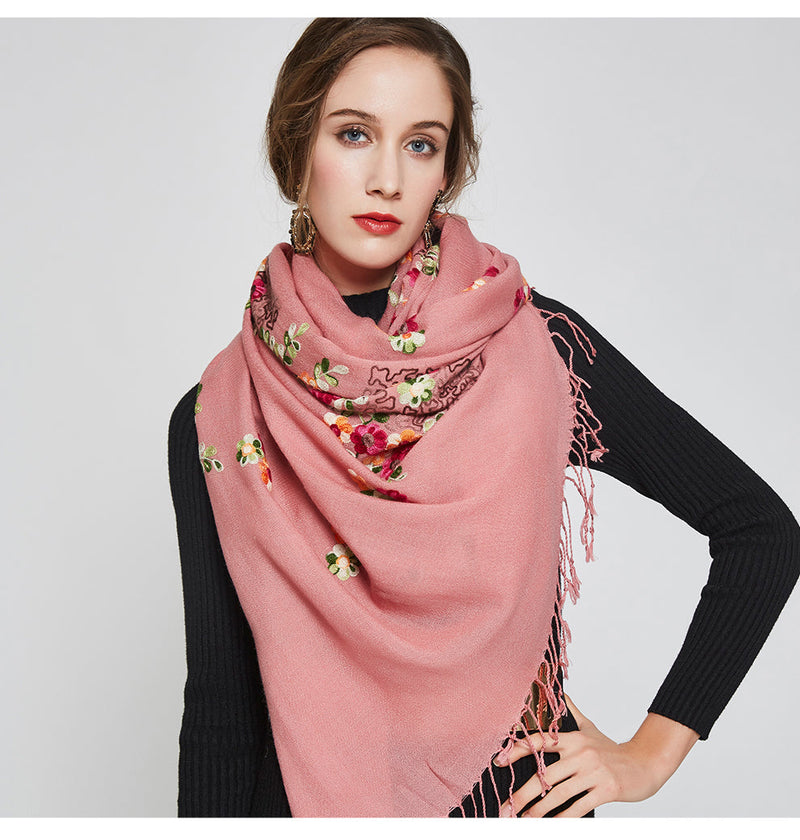 Anyyou 100% Pure Merino Wool Pink Floral Garden Stylish Poncho Winter Large Scarf With Trendy Pashmina Shawl Bandana  For Womenfashion Design