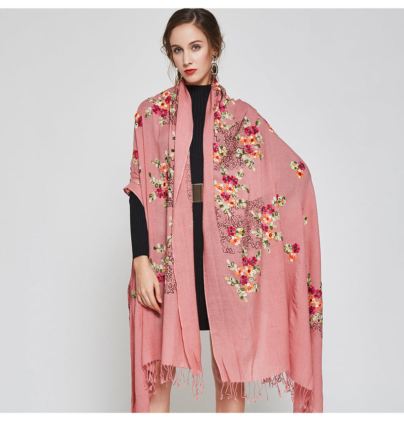 Anyyou 100% Pure Merino Wool Pink Floral Garden Stylish Poncho Winter Large Scarf With Trendy Pashmina Shawl Bandana  For Womenfashion Design