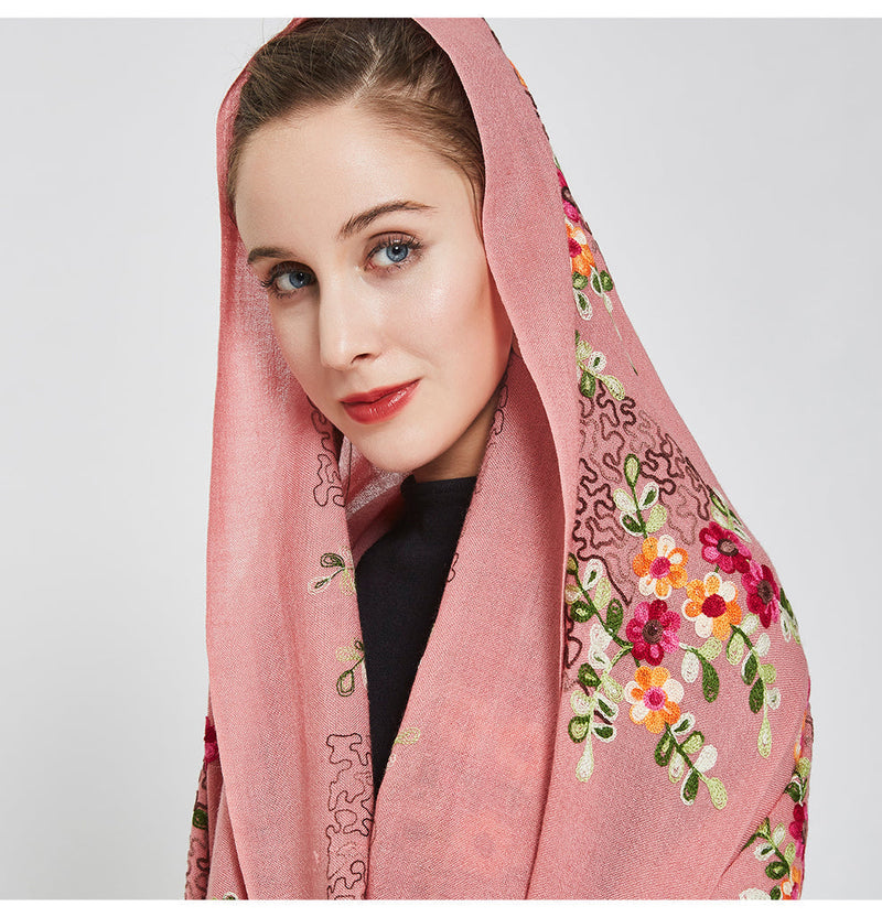 Anyyou 100% Pure Merino Wool Pink Floral Garden Stylish Poncho Winter Large Scarf With Trendy Pashmina Shawl Bandana  For Womenfashion Design