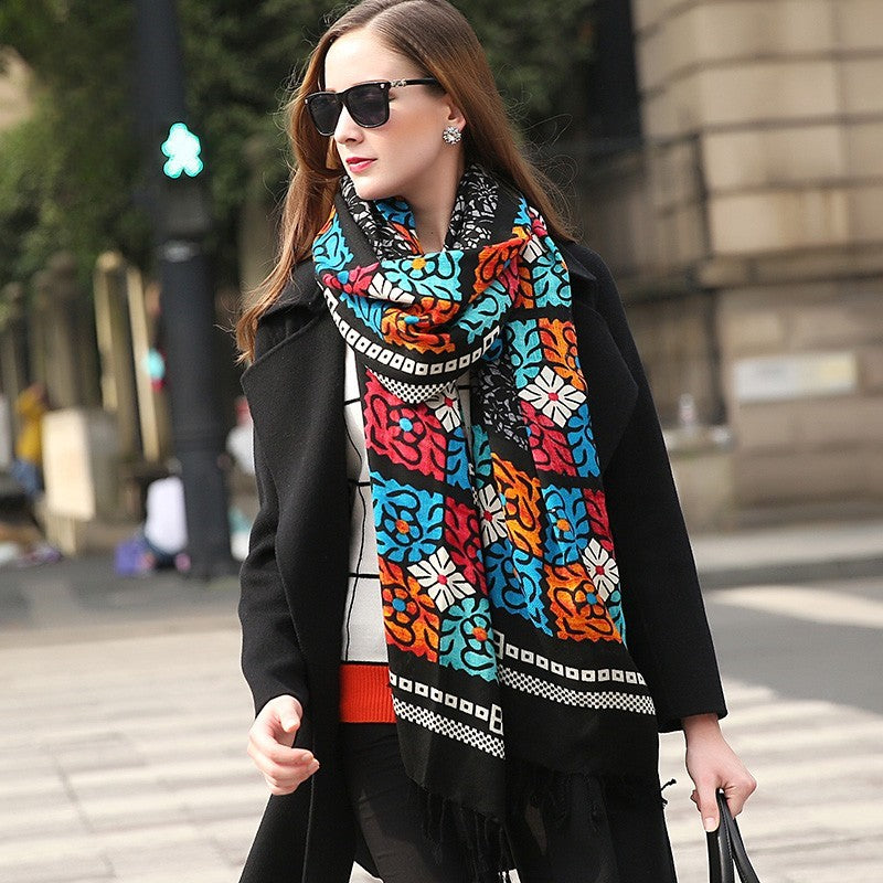 Anyyou 100% Pure Merino Wool Black Mosaic Stylish Poncho Winter Large Scarf With Trendy Pashmina Shawl Bandana  For Womenfashion Design