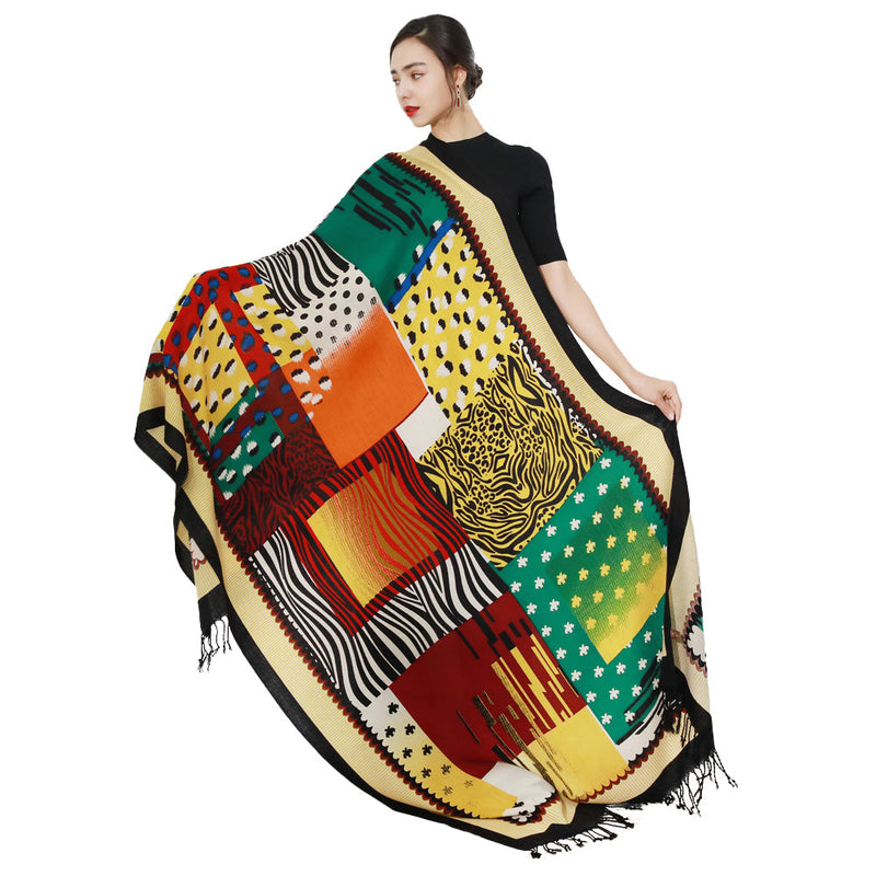 Anyyou 100% Merino Wool Yellow Multipattern  Silk Satin Large Winter Scarf Pashmina Shawl Bandana Perfect For Women Ladies Fashion Style