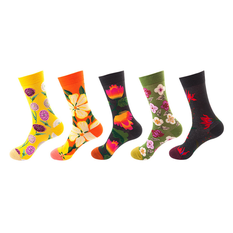 Anyfootwear 5 Pairs One Size 5-11 Mixed Color Socks Floral Cotton Fashion Woman Skateboard Oil Paitiing