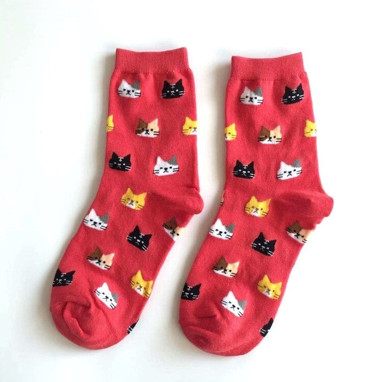 Anyfootwear 5 Pairs Red Cat Size 5-9 Fashion Socks High Quality Office Sports Bussiness Long Socks Cotton Solid Colors Skateboard Knitted Casual