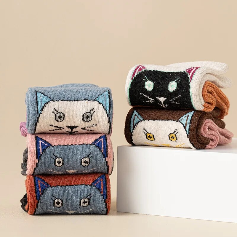 Anyfootwear 5 Pairs Size 35-40 Mixed Color Cat Face Cartoon Fashion Socks High Quality Woollen Stockings Foot Wear