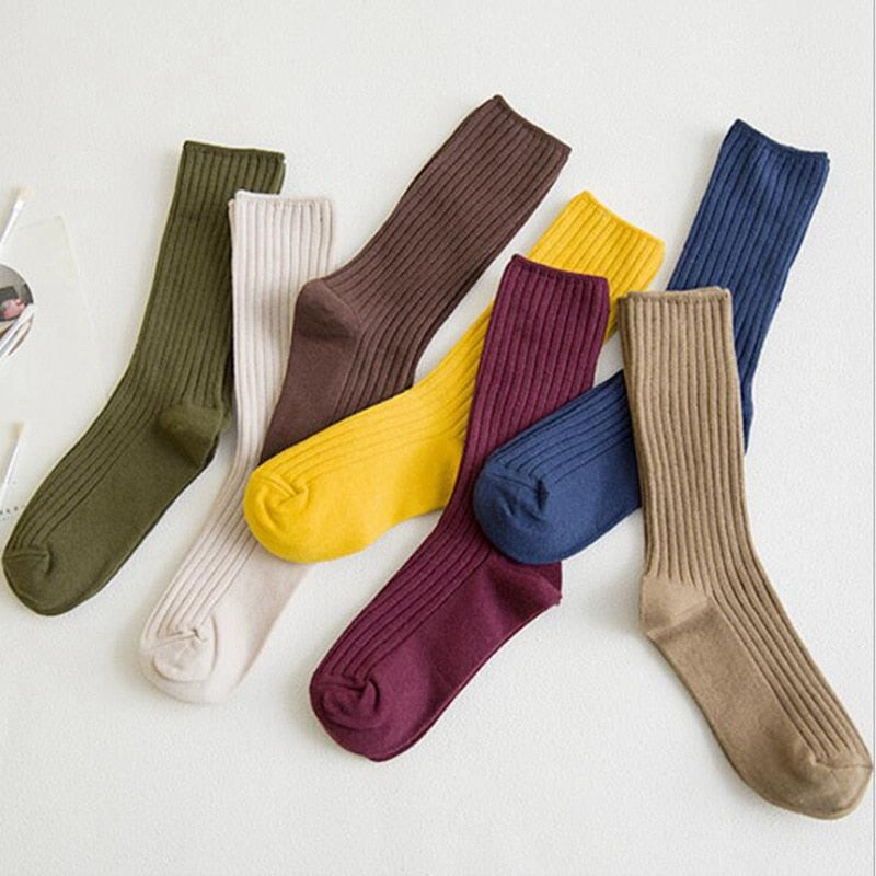 Anyfootwear 5 Pairs One Size 36-43 Khaki Retro Long Knitted Socks Cotton Autumn Winter Solid Color Women Student Girls