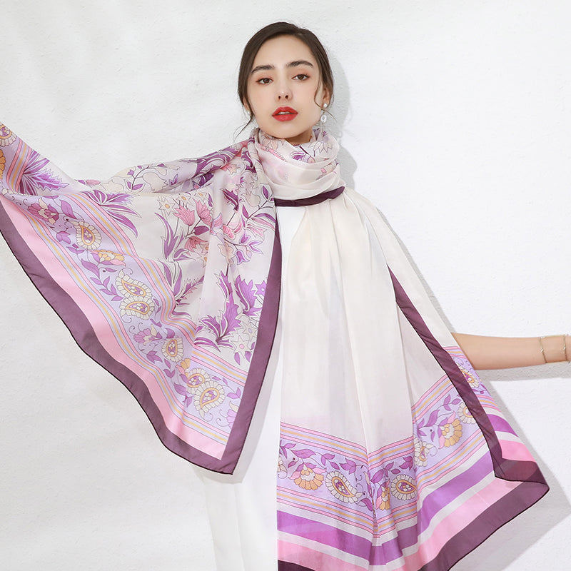Anyyou 100% Mulberry Silk Purple Long Scarf Luxury Brand Women Beach Shawl Wear Swimwear Pashimina Face Shield Foulard