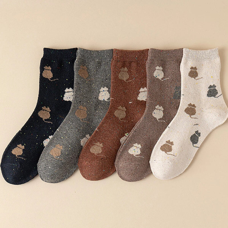 Anyfootwear 5 Pairs Size 35-40 Mixed Color Cat Cartoon Fashion Socks High Quality Woollen Stockings Foot Wear