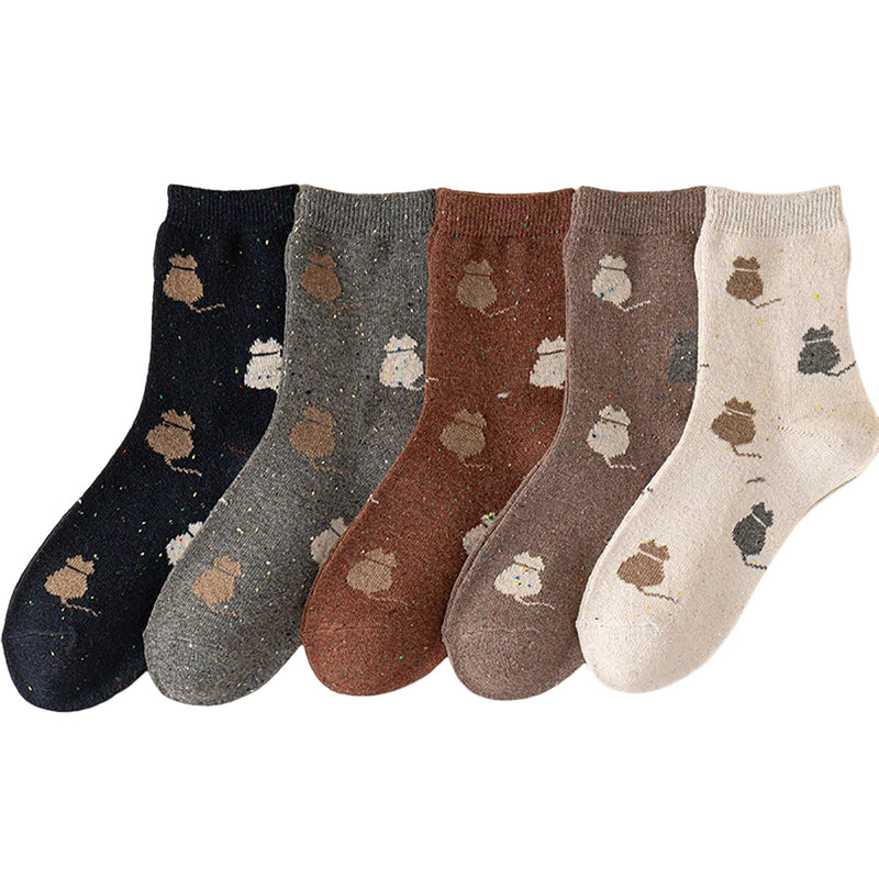 Anyfootwear 5 Pairs Size 35-40 Mixed Color Cat Cartoon Fashion Socks High Quality Woollen Stockings Foot Wear