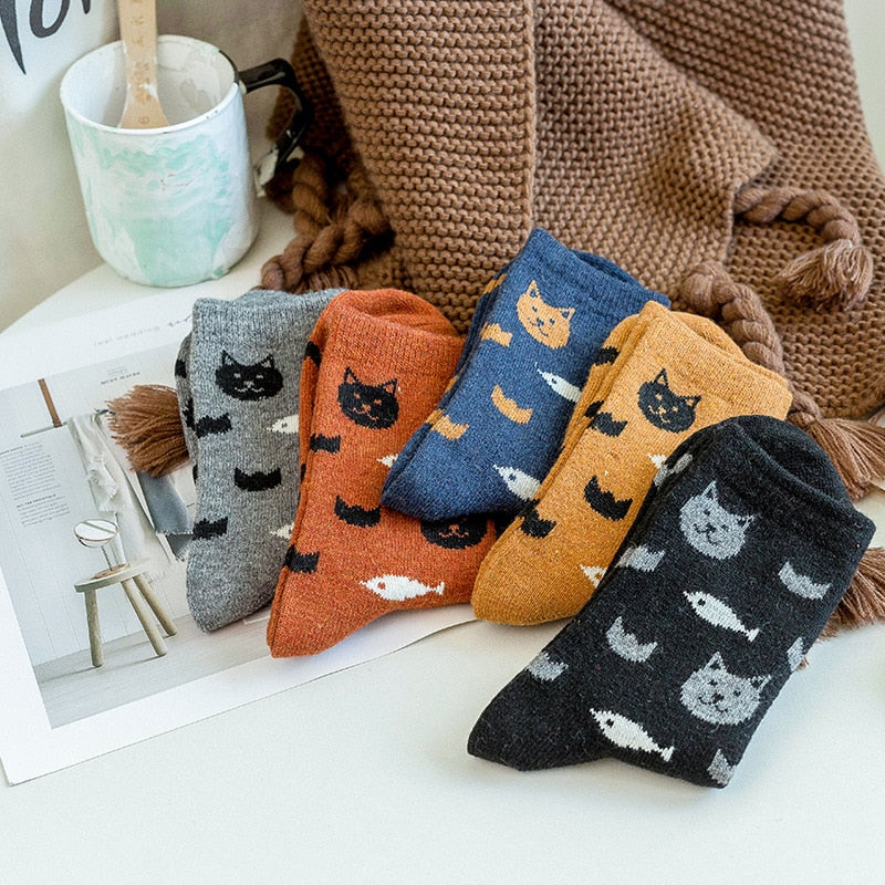 Anyfootwear 5 Pairs Size 5-9 Mix Color Kittens Winter Thick And Warm Wool Socks Casual Euramerican National Wind-Flowers Fashion Cotton Socks