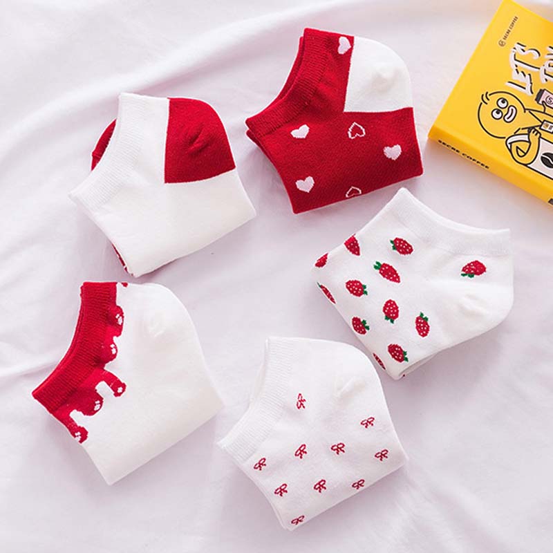 Anyfootwear 5 Pairs One Size 5-9 Mix Strawberry Liner Cotton And Spandex Socks With Fruit Creative Design Brand Perfect for Women
