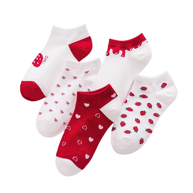Anyfootwear 5 Pairs One Size 5-9 Mix Strawberry Liner Cotton And Spandex Socks With Fruit Creative Design Brand Perfect for Women