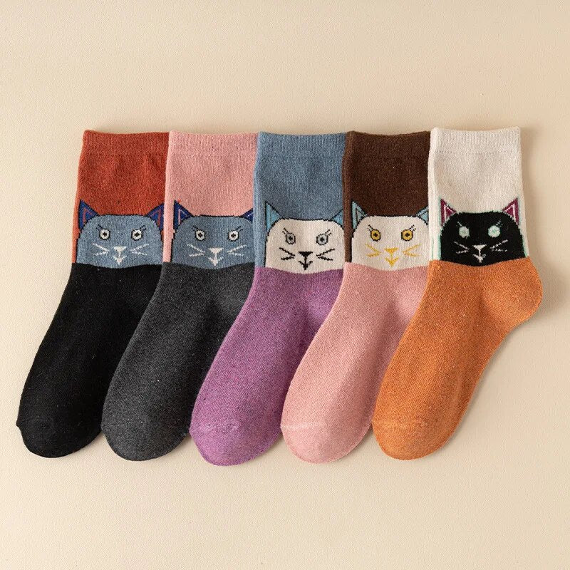 Anyfootwear 5 Pairs Size 35-40 Mixed Color Cat Face Cartoon Fashion Socks High Quality Woollen Stockings Foot Wear