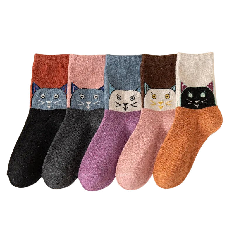 Anyfootwear 5 Pairs Size 35-40 Mixed Color Cat Face Cartoon Fashion Socks High Quality Woollen Stockings Foot Wear