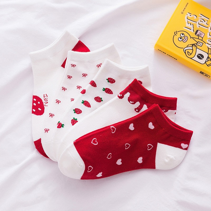 Anyfootwear 5 Pairs One Size 5-9 Mix Strawberry Liner Cotton And Spandex Socks With Fruit Creative Design Brand Perfect for Women