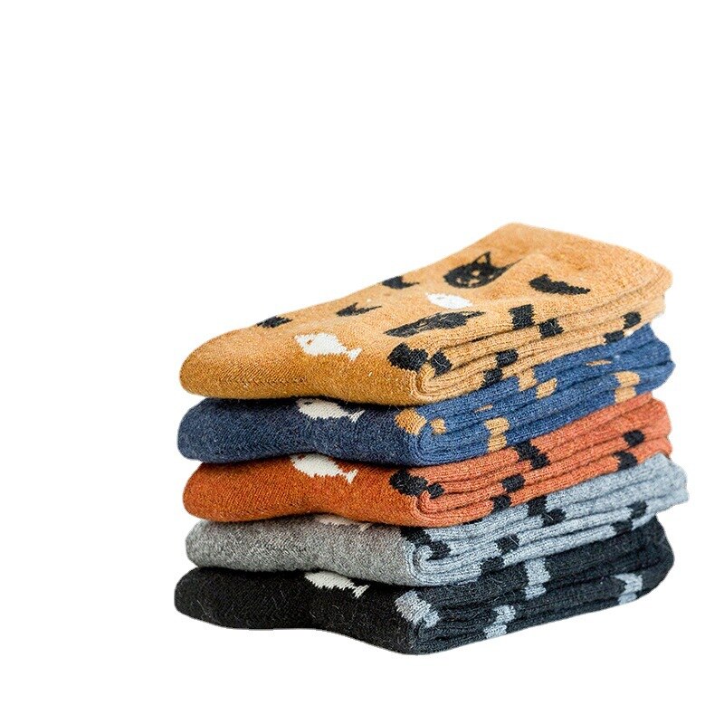 Anyfootwear 5 Pairs Size 5-9 Mix Color Kittens Winter Thick And Warm Wool Socks Casual Euramerican National Wind-Flowers Fashion Cotton Socks