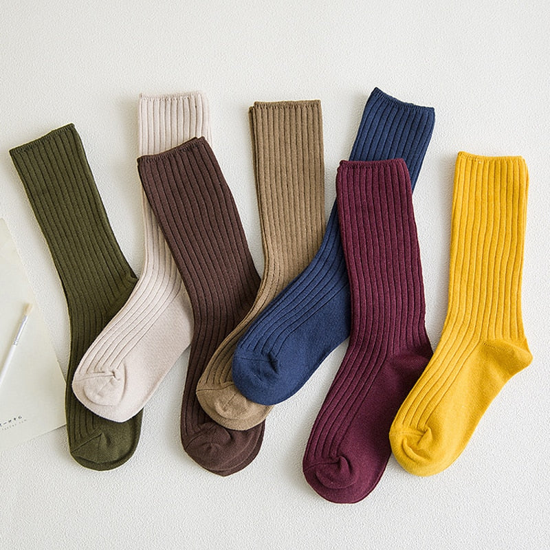 Anyfootwear 5 Pairs One Size 36-43 Green Retro Long Knitted Socks Cotton Autumn Winter Solid Color Women Student Girls