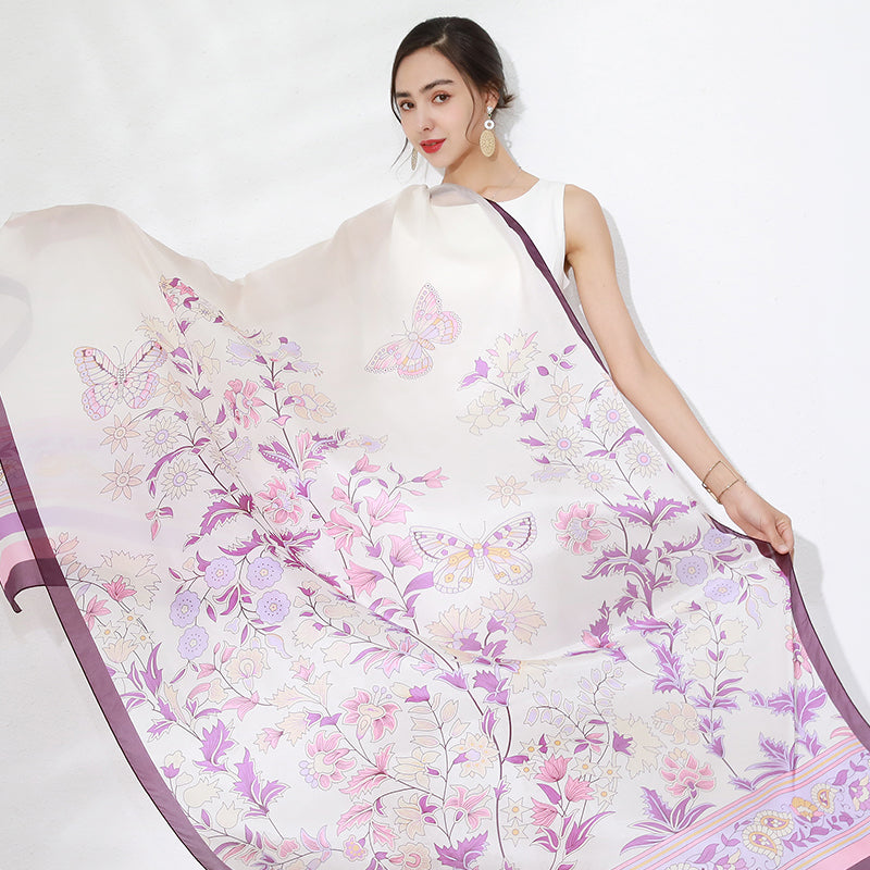 Anyyou 100% Mulberry Silk Purple Long Scarf Luxury Brand Women Beach Shawl Wear Swimwear Pashimina Face Shield Foulard