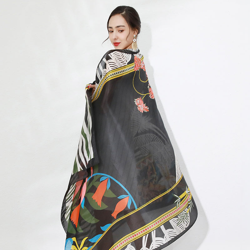 Anyyou 100% Mulberry Silk Ebony Black Long Scarf Luxury Brand Women Beach Shawl Wear Swimwear Pashimina Face Shield Foulard