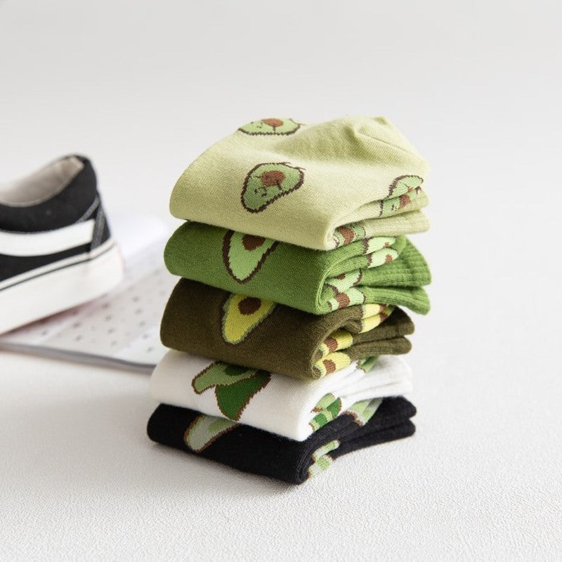 Anyfootwear 5 Pairs One Size 5-9 Brwon Spring Summer Cotton Avocado Breathable School Girl For Female Ankle Socks